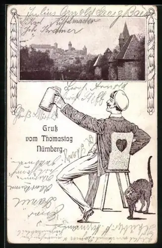 AK Nürnberg, Student mit Bierkrug, Thomastag, Katze, Ortsansicht