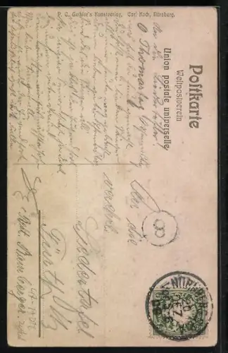 AK Nürnberg, Student mit Bierkrug, Thomastag, Katze, Ortsansicht