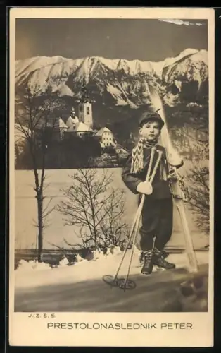 AK Thronfolger Peter von Serbien vor winterlicher Kulisse