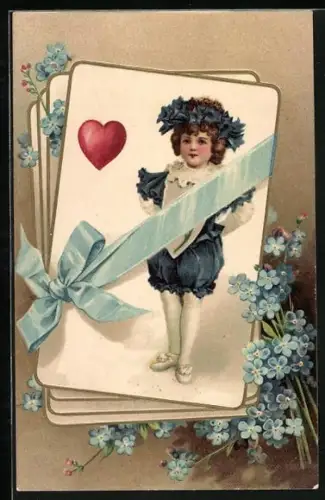 AK Kleines Mädchen auf Spielkarte, Herz Farbe