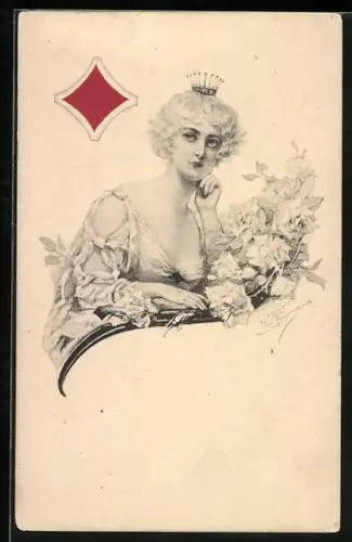 Künstler-AK reizende Karo-Königin, Kartenspiel