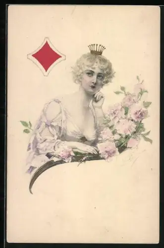 AK Junge Frau mit Kleid und Krone, Karo Farbe