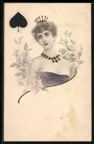 AK Junge Frau im Kleid mit Krone, Pik Farbe