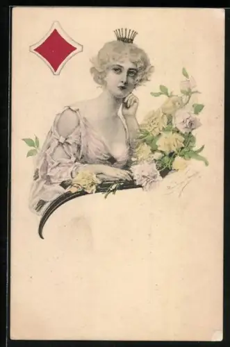 AK Junge Frau im Kleid mit Rosenblüten, Karo Farbe