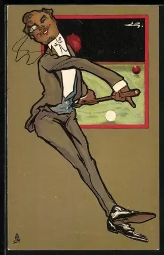 Künstler-AK Eleganter Billardspieler stösst ohne Blickkontakt zu den Kugeln