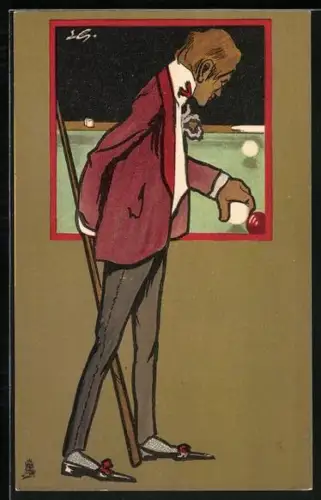 Künstler-AK Billardspieler verrückt die Spielkugel