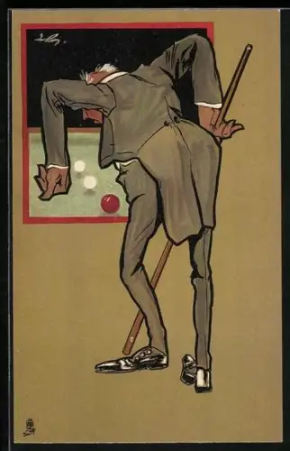 Künstler-AK Spieler versucht eine vertrackte Stellung beim Billard zu lösen