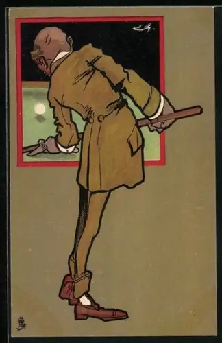 Künstler-AK Mann verbiegt sich für seinen Billard-Stoss