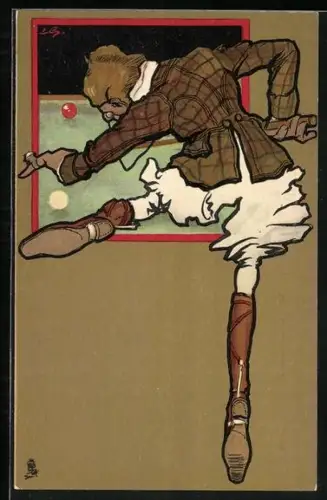 Künstler-AK Mann stützt sich auf den Tisch für seinen Billard-Stoss