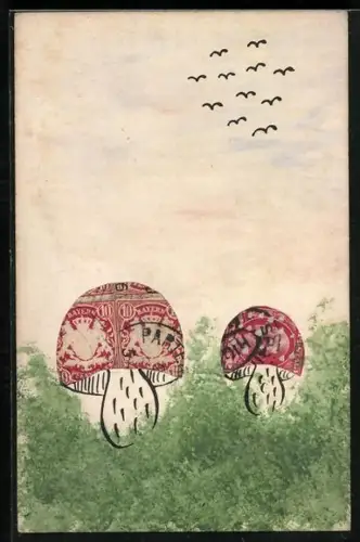 AK Zwei Pilzhüte aus Briefmarkenabschnitten gestaltet