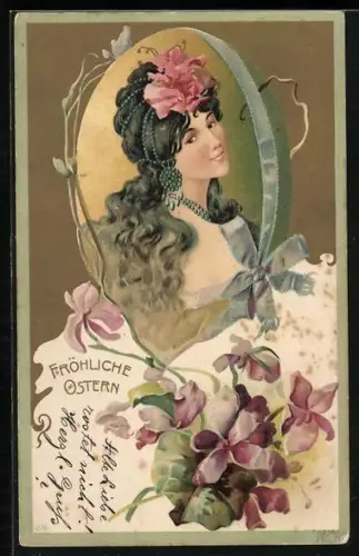 AK Attraktive Junge Frau mit Kopfschmuck, Jugendstil