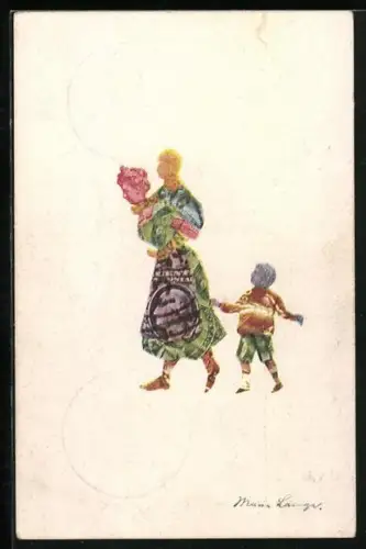 AK Frau und Kind aus Briefmarkenabschnitten