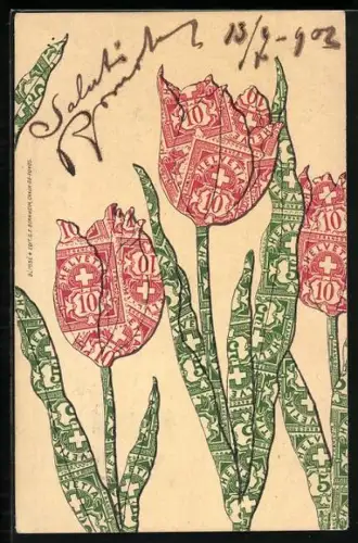 AK Briefmarkencollage rote Tulpen