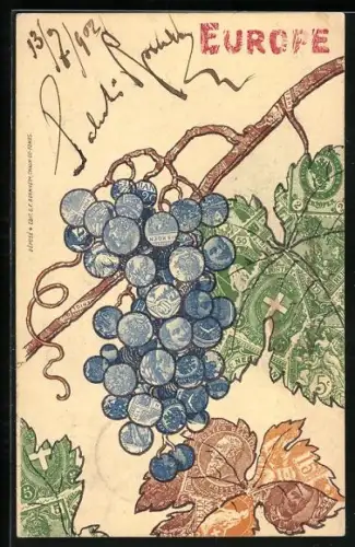 AK Weintraubenzweig mit Frucht, Briefmarkencollage