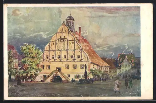 Künstler-AK Grimma, Rathaus, Abendstimmung