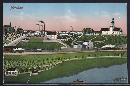 AK Nerchau, Ortsansicht mit Kirche, Fabriken, Eisenbahn und Fluss