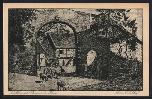 Künstler-AK Gernrode-Harz, Hof mit Torbogen