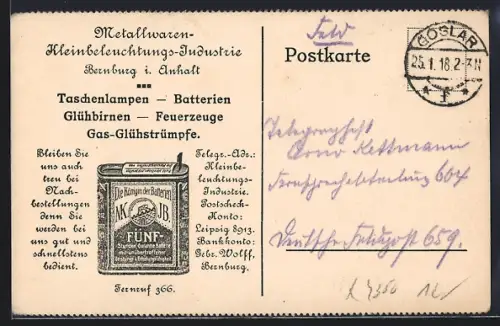 AK Bernburg i. Anhalt, Metallwaren-Kleinbeleuchtungs-Industrie, Taschenlampen, Batterien, Glühbirnen