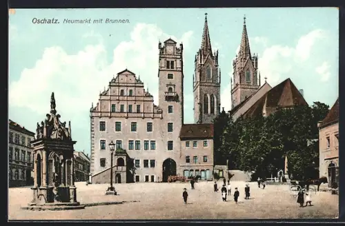 AK Oschatz, Neumarkt mit Brunnen