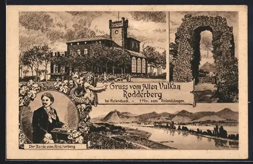 Künstler-AK Rolandseck, Hotel Restaurant Rodderberg, Alter Vulkan, Rolandsbogen, Der Barde vom Rodderberg