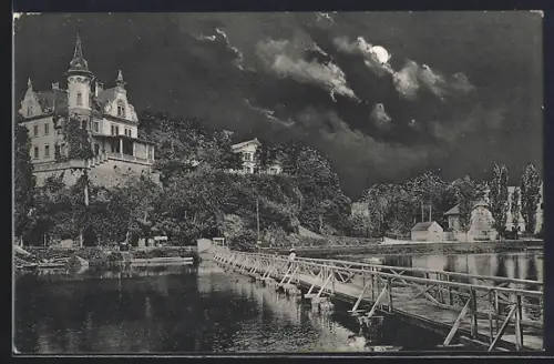 AK Grimma i. Sa., Gattersburg, Brücke, Flussansicht