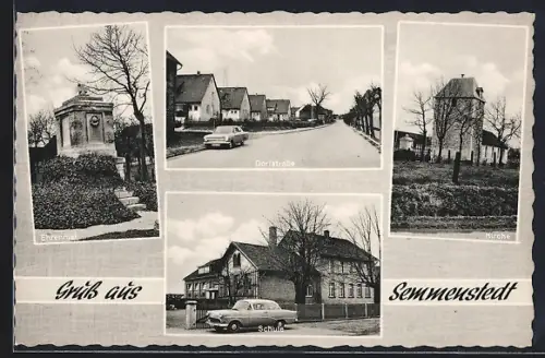 AK Semmenstedt, Ehrenmal, Dorfstrasse, Kirche, Schule