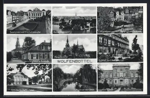 AK Wolfenbüttel, Hauptkirche, Schloss, Lessinghaus, Bibliothek, Partie an der Oker