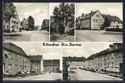 AK Kitzscher /Borna, Ortseingang, Teich im Park, Landambulatorium, Kurt-Schönfelder-Strasse, Nordstrasse