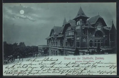 Mondschein-AK Barmen, Gasthaus Stadthalle, Inhaber Fritz Theis