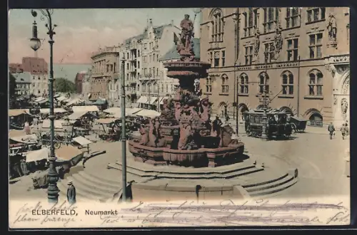 AK Elberfeld, Neumarkt, Marktbrunnen, Strassenbahn