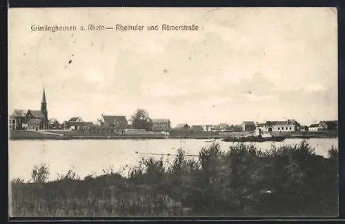 AK Grimlinghausen a. Rhein, Rheinufer u. Römerstrasse