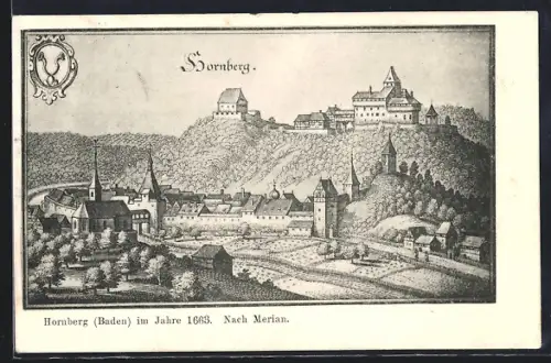 Künstler-AK Hornberg /Baden, Stadtansicht und Schloss im Jahre 1663 nach Merian