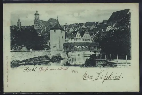 Mondschein-AK Hall, Stadtansicht mit Brücke