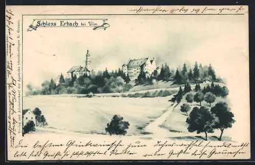 Lithographie Erbach bei Ulm, Schloss Erbach