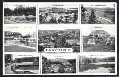 AK Brambach i. V., Radium-Kurhotel, Wettinquelle, Waldteich