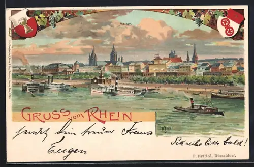 Lithographie Mainz /Rhein, Rheinpanorama Schiffen, Wappen