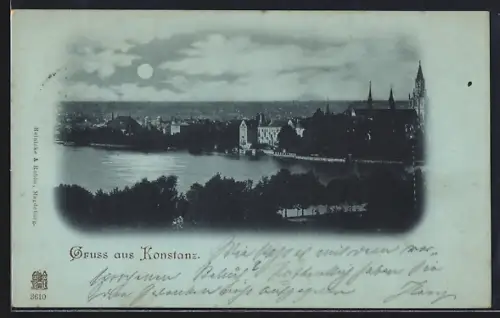 Mondschein-AK Konstanz, Stadtansicht bei Nacht