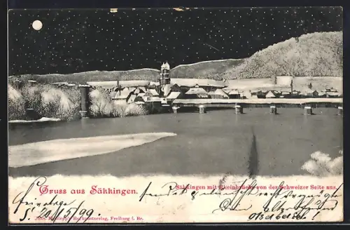 Künstler-AK Säkkingen, Stadtansicht mit Rheinbrücke von der Schweizer Seite aus