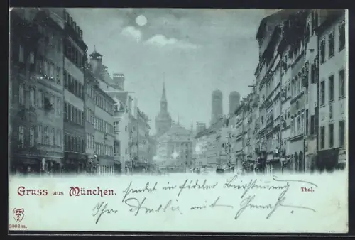 Mondschein-AK München, Thal im Vollmondlicht