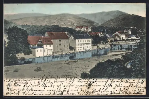 AK Gernsbach a. d. M., Stadtansicht mit Fluss und Brücke