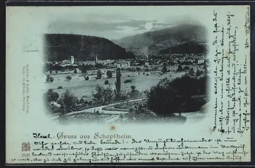 Mondschein-AK Schopfheim, Panoramaansicht der Stadt und Umgebung