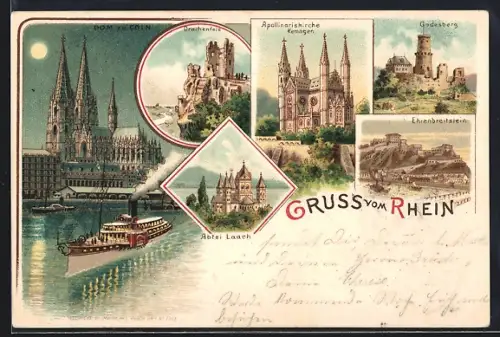 Mondschein-Lithographie Köln, Dom, Drachenfels, Apollinariskirche, Abtei Laach, Godesberg, Ehrenbreitstein