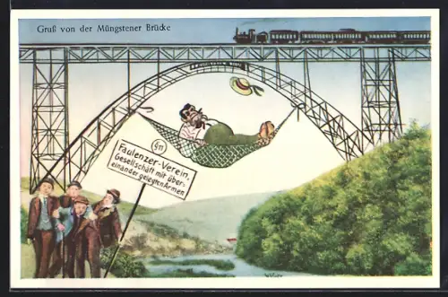 AK Müngsten, Müngstener Brücke mit Faulenzerverein und Eisenbahn