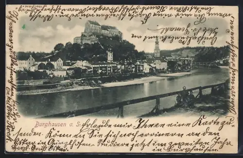 AK Burghausen a. S., Ortsansicht mit Flusslauf
