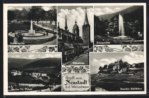 AK Neustadt a. d. Weinstrasse, Ortspartien Königsmühle, Stiftskirche und Bahnhofsplatz
