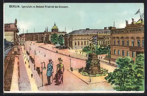 Lithographie Berlin, Opernplatz mit Denkmal Friedrich des Grossen