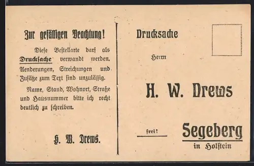 AK Segeberg in Holstein, Bestellkarte bei H.W. Drews