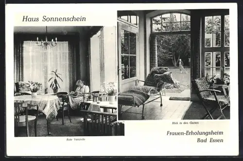 AK Bad Essen, Haus Sonnenschein die rote Veranda und Blick in den Garten