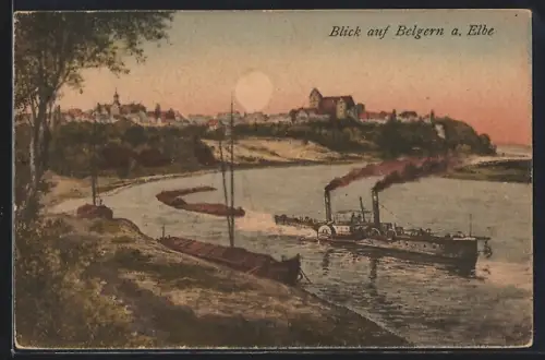 AK Belgern a. Elbe, Teilansicht mit Dampfern