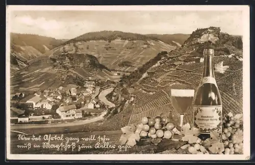 AK Mayschoss a. d. Ahr, Ortsansicht mit Mayschösser Riesling und Weintrauben